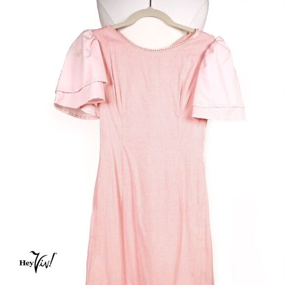 Vintage Pink Check Cotton Dress Fitted w Ruffle Metal Zip XS B32 W23 - Hey Viv - Picture 2 of 6